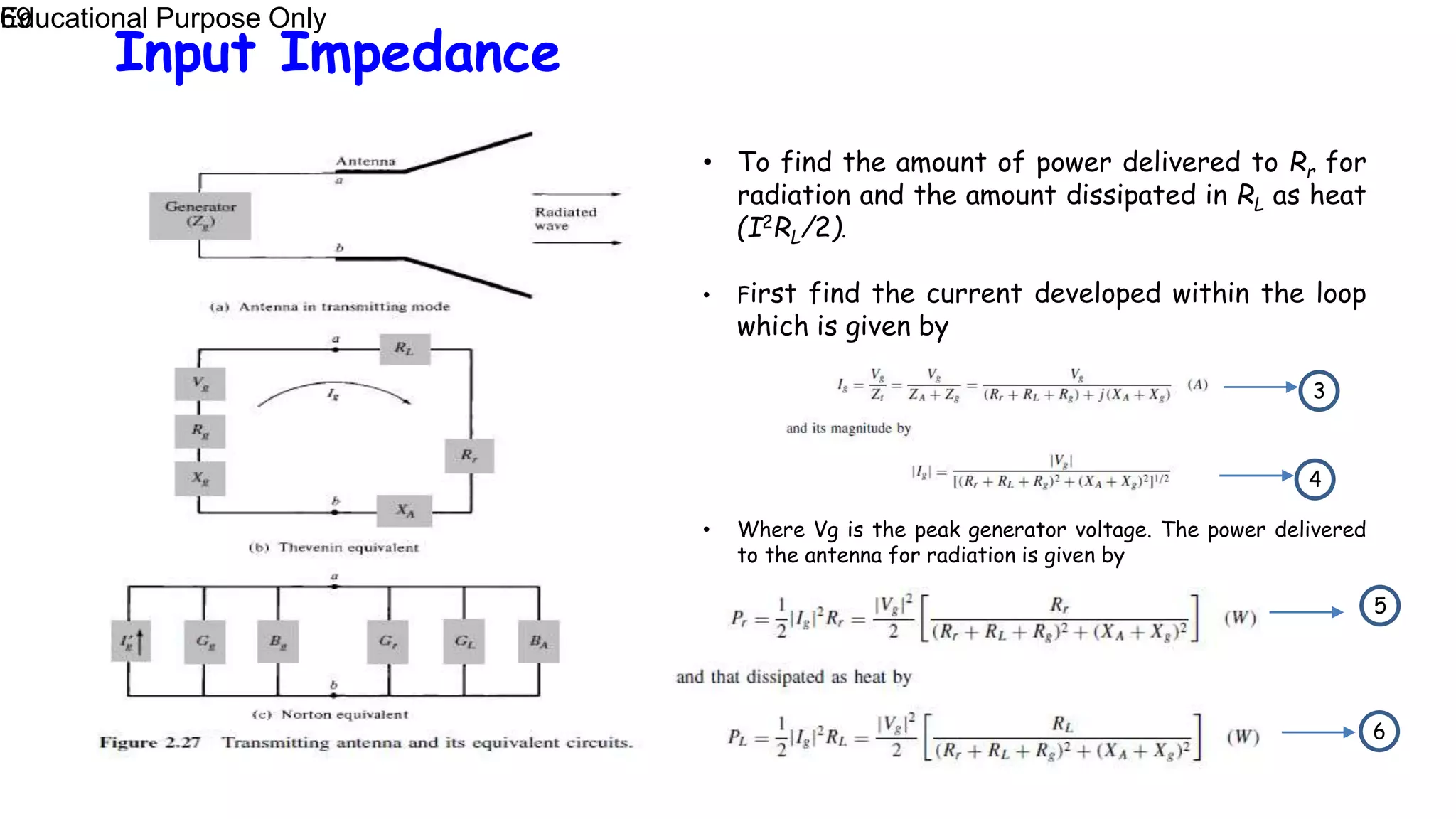 Input Impedance
Educational Purpose Only
69
• To find the amount of power delivered to Rr for
radiation and the amount dissipated in RL as heat
(I2RL/2).
• First find the current developed within the loop
which is given by
• Where Vg is the peak generator voltage. The power delivered
to the antenna for radiation is given by
3
4
5
6
 