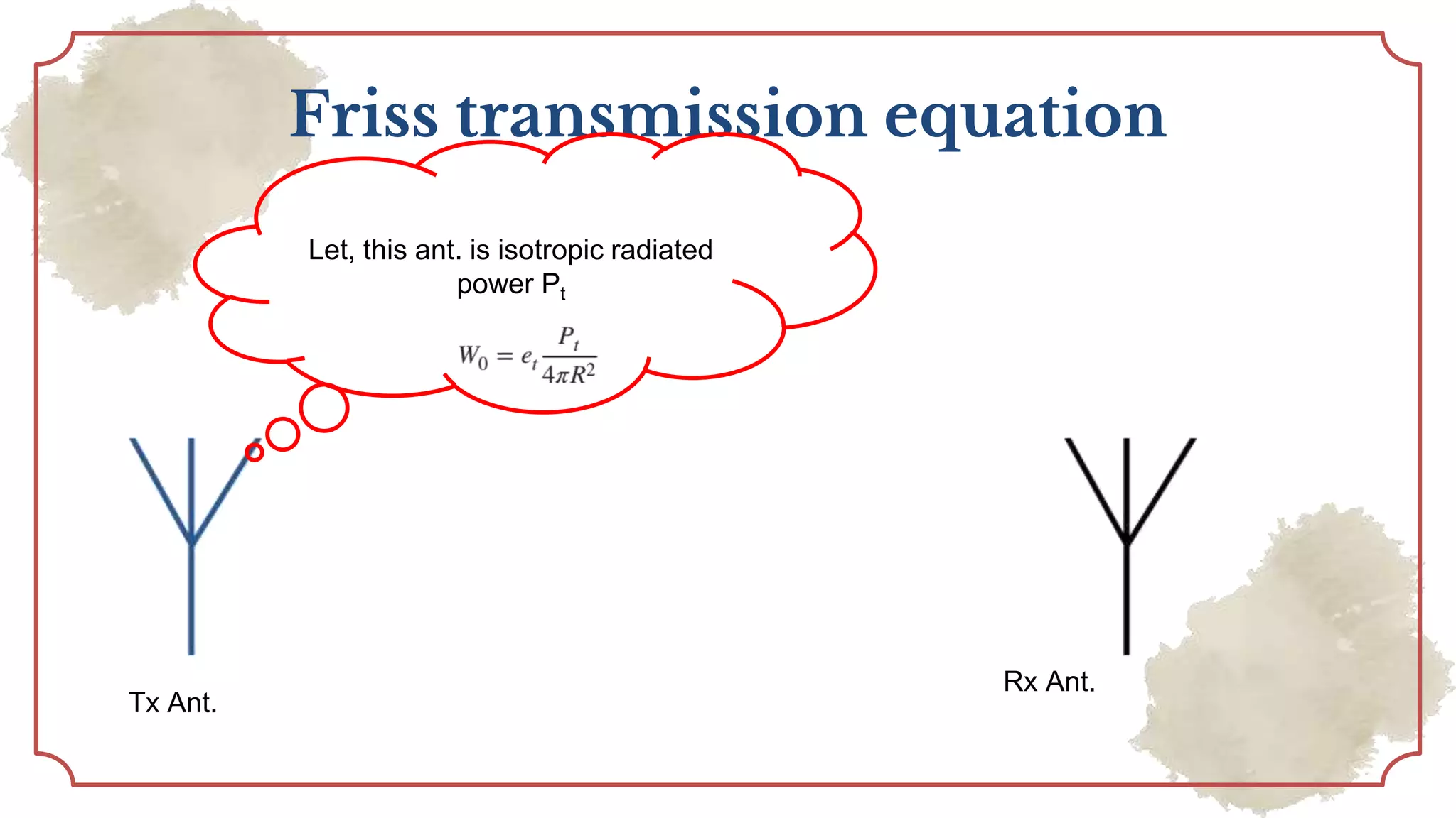 Friss transmission equation
Tx Ant.
Rx Ant.
Let, this ant. is isotropic radiated
power Pt
 