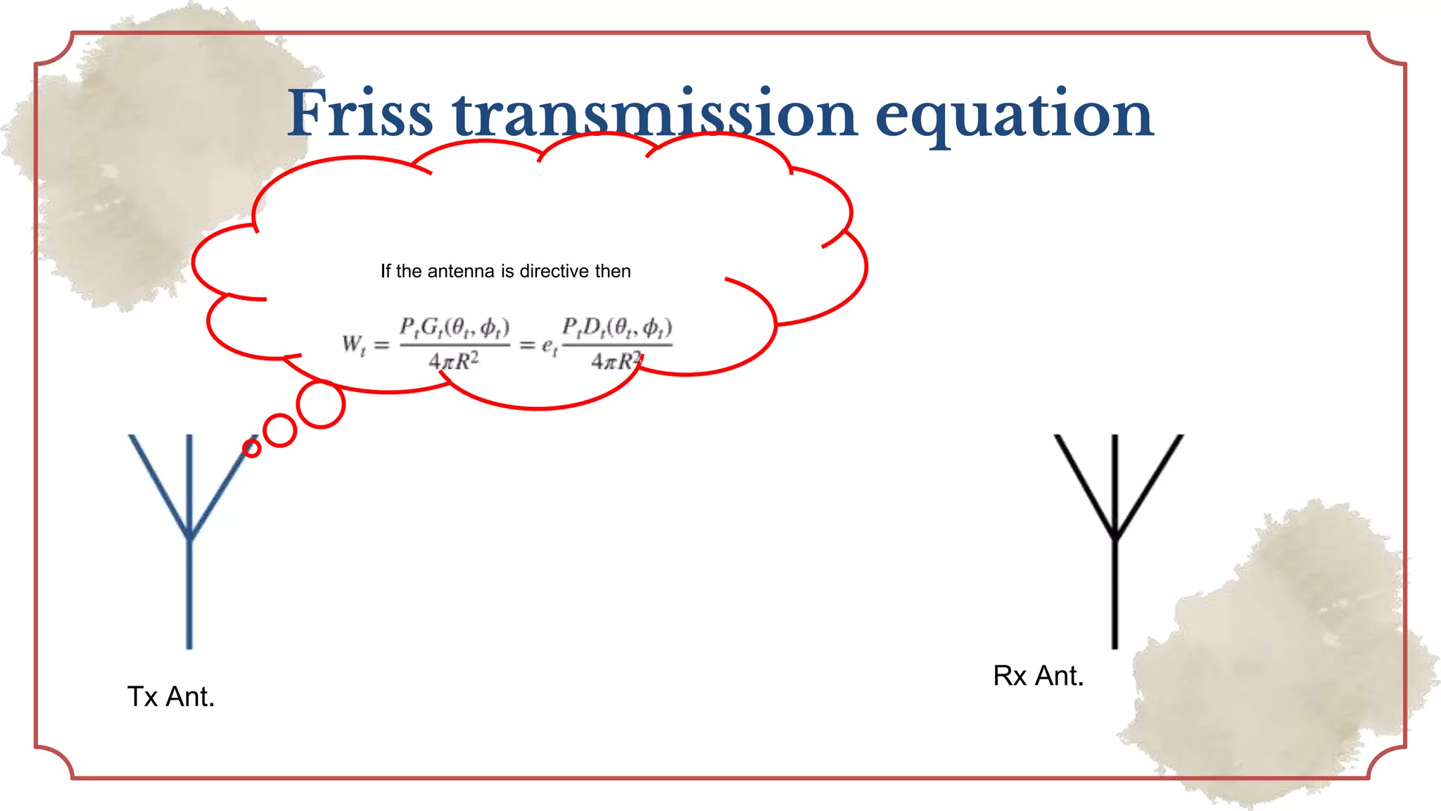 Friss transmission equation
Tx Ant.
Rx Ant.
If the antenna is directive then
 