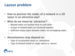 Layout problem
• How to position the nodes of a network in a 2D
space in an attractive way?
• What do we mean by ‘attracti...