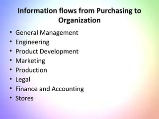 Information flows from Purchasing to
Organization
• General Management
• Engineering
• Product Development
• Marketing
• Production
• Legal
• Finance and Accounting
• Stores
 