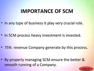 IMPORTANCE OF SCM
• In any type of business it play very crucial role.
• In SCM process heavy investment is invested.
• 75% revenue Company generate by this process.
• By properly managing SCM ensure the better &
smooth running of a Company.
ARSALAN
 
