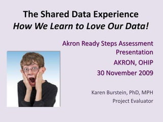 The Shared Data Experience How We Learn to Love Our Data! Akron Ready Steps Assessment Presentation AKRON, OHIP 30 November 2009 Karen Burstein, PhD, MPH Project Evaluator 