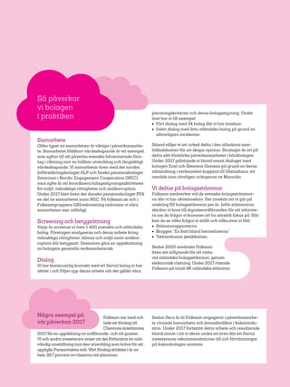 45
Samarbete
Olika typer av samarbeten är viktiga i påverkansarbe-
te. Samarbetet Hållbart värdeskapande är ett exempel,
som syftar till att påverka svenska börsnoterade före-
tag i riktning mot en hållbar utveckling och långsiktigt
värdeskapande. Vi samarbetar även med det norska
livförsäkringsbolaget KLP och finska pensionsbolaget
Ilmarinen i Nordic Engagement Cooperation (NEC),
vars syfte är att koordinera bolagsstyrningsaktiviteter
för miljö, mänskliga rättigheter och antikorruption.
Under 2017 blev även det danska pensionsbolaget PFA
en del av samarbetet inom NEC. På folksam.se och i
Folksamgruppens GRI­redovisning redovisar vi våra
samarbeten mer utförligt.
Screening och betygsättning
Varje år screenar vi över 1 400 svenska och utländska
bolag. Företagen analyseras och deras arbete kring
mänskliga rättigheter, klimat och miljö samt antikor-
ruption blir betygsatt. Dessutom görs en uppskattning
av bolagets generella verksamhetsrisk.
Dialog
Vi har kontinuerlig kontakt med ett flertal bolag vi har
aktier i och följer upp deras arbete när det gäller våra
placeringskriterier och deras bolagsstyrning. Under
året har vi till exempel:
•	 Fört dialog med 34 bolag där vi har innehav.
•	 Inlett dialog med åtta utländska bolag på grund av
allvarligare incidenter.
Ibland väljer vi att också delta i den allmänna sam-
hällsdebatten för att skapa opinion. Strategin är att på
detta sätt förstärka påverkansarbetet i börsbolagen.
Under 2017 påbörjade vi bland annat dialoger med
bolagen Enel och Siemens Gamesa på grund av deras
inblandning i verksamhet kopplad till Västsahara, ett
område som olovligen ockuperas av Marocko.
Vi deltar på bolagsstämmor
Folksam medverkar vid de svenska bolagsstämmor-
na där vi har aktieinnehav. Det innebär att vi går på
omkring 50 bolagsstämmor per år. Inför stämmorna
skickar vi brev till styrelseordföranden för att informe-
ra om de frågor vi kommer att ha särskilt fokus på. Här
kan du se vilka frågor vi ställt och vilka svar vi fått:
•	 Stämmorapporterna
•	 Bloggen ”En katt bland hermelinerna”
•	 Twitterkontot @etikkatten.
Sedan 2005 använder Folksam
även sitt inflytande för att rösta
vid utländska bolagsstämmor, genom
elektronisk röstning. Under 2017 röstade
Folksam på totalt 96 utländska stämmor.
Så påverkar
vi bolagen
i praktiken
Folksam var med och
lade ett förslag till
Chevrons årsstämma
2017 för en uppdelning av ordförande- och vd-posten.
Vi och andra investerare anser att det förhindrar en nöd-
vändig omställning mot den utveckling som krävs för att
uppfylla Parisavtalets mål.Vårt förslag stöddes i år av
hela 38,7 procent av rösterna vid stämman.
Sedan flera år är Folksam engagerat i påverkansarbe-
te rörande barnarbete och levnadsvillkor i kakaoindu-
strin. Under 2017 fortsatte detta arbete och resulterade
bland annat i att vi skrev under ett brev där ett flertal
investerares rekommendationer till och förväntningar
på kakaobolagen samlats.
Några exempel på
vår påverkan 2017
 