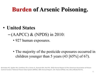 Burden of Arsenic Poisoning.
• United States
–(AAPCC) & (NPDS) in 2010:
• 927 human exposures.
• The majority of the pesticide exposures occurred in
children younger than 5 years (43 [65%] of 67).
Bronstein AC, Spyker DA, Cantilena LR Jr, Green JL, Rumack BH, Dart RC. 2010 Annual Report of the American Association of Poison
Control Centers' National Poison Data System (NPDS): 28th Annual Report. Clin Toxicol (Phila). Dec 2011;49(10):910-41.
11
 
