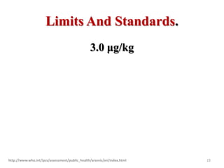 Limits And Standards.
3.0 μg/kg
http://www.who.int/ipcs/assessment/public_health/arsenic/en/index.html 23
 