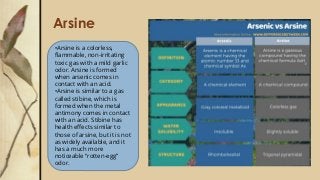 Arsine
•Arsine is a colorless,
flammable, non-irritating
toxic gas with a mild garlic
odor. Arsine is formed
when arsenic comes in
contact with an acid.
•Arsine is similar to a gas
called stibine, which is
formed when the metal
antimony comes in contact
with an acid. Stibine has
health effects similar to
those of arsine, but it is not
as widely available, and it
has a much more
noticeable “rotten-egg”
odor.
 