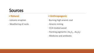 Sources
Natural
- Volcanic eruption
- Weathering of rocks
Anthropogenic
- Burning high arsenic coal
- Arsenic mining
- CCA treated wood
- Painting pigments ( As2S3 , As4S4)
- Medicine and antibiotic
 