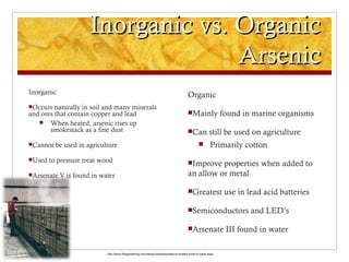 Inorganic vs. Organic
                                    Arsenic
Inorganic                                                                               Organic
Occurs  naturally in soil and many minerals
and ores that contain copper and lead                                                   Mainly               found in marine organisms
    When heated, arsenic rises up
       smokestack as a fine dust                                                        Can           still be used on agriculture
Cannot   be used in agriculture                                                                       Primarily cotton
Used   to pressure treat wood                                                          Improve  properties when added to
Arsenate   V is found in water                                                         an allow or metal

                                                                                        Greatest              use in lead acid batteries

                                                                                        Semiconductors                and LED’s

                                                                                        Arsenate              III found in water

                            http://www.finegardening.com/design/articles/pressure-treated-wood-in-beds.aspx
 