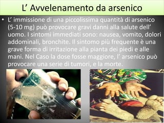 L’ Avvelenamento da arsenico
• L’ immissione di una piccolissima quantità di arsenico
(5-10 mg) può provocare gravi danni alla salute dell’
uomo. I sintomi immediati sono: nausea, vomito, dolori
addominali, bronchite. Il sintomo più frequente è una
grave forma di irritazione alla pianta dei piedi e alle
mani. Nel Caso la dose fosse maggiore, l’ arsenico può
provocare una serie di tumori, e la morte.
 