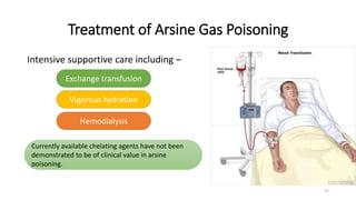 Treatment of Arsine Gas Poisoning
Intensive supportive care including –
Exchange transfusion
Vigorous hydration
Hemodialysis
Currently available chelating agents have not been
demonstrated to be of clinical value in arsine
poisoning.
17
 