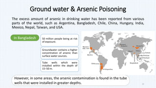 Ground water & Arsenic Poisoning
The excess amount of arsenic in drinking water has been reported from various
parts of the world, such as Argentina, Bangladesh, Chile, China, Hungary, India,
Mexico, Nepal, Taiwan, and USA.
50 million people being at risk
of exposure.
Groundwater contains a higher
concentration of arsenic than
surface water sources.
Tube wells which were
installed within the depth of
15–50 m.
In Bangladesh
However, in some areas, the arsenic contamination is found in the tube
wells that were installed in greater depths. 22
 