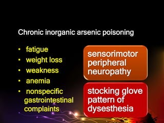 Chronic inorganic arsenic poisoning
• fatigue
• weight loss
• weakness
• anemia
• nonspecific
gastrointestinal
complaints
sensorimotor
peripheral
neuropathy
stocking glove
pattern of
dysesthesia
 