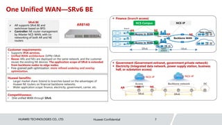 HUAWEI TECHNOLOGIES CO., LTD. Huawei Confidential 7
One Unified WAN—SRv6 BE
 Finance (branch access)
 Government (Govern...