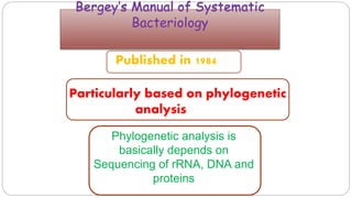 Bergey’s Manual of Systematic
Bacteriology
Published in 1984
Particularly based on phylogenetic
analysis
Phylogenetic analysis is
basically depends on
Sequencing of rRNA, DNA and
proteins
 
