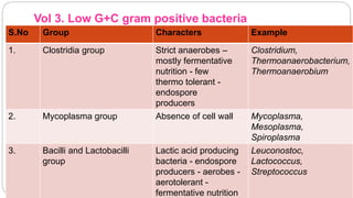 Vol 3. Low G+C gram positive bacteria
S.No Group Characters Example
1. Clostridia group Strict anaerobes –
mostly fermentative
nutrition - few
thermo tolerant -
endospore
producers
Clostridium,
Thermoanaerobacterium,
Thermoanaerobium
2. Mycoplasma group Absence of cell wall Mycoplasma,
Mesoplasma,
Spiroplasma
3. Bacilli and Lactobacilli
group
Lactic acid producing
bacteria - endospore
producers - aerobes -
aerotolerant -
fermentative nutrition
Leuconostoc,
Lactococcus,
Streptococcus
 