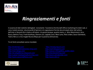 Ringraziamenti e fonti In assenza di dati statistici dettagliati  nonostante  l’assistenza fornita dall’ufficio marketing di Linden Lab, si sono rivelati preziosi  alcuniscambi d’opinioni e le segnalazioni fornite dai principali attori del settore dell’arte in Second Life in Italia e all’estero. Un grazie dunque, quanto meno, a:  Alice Mastroianni, Arco Rosca, Bettina Tizzy, Frank Koolhaas, Gleman Jun, Loglady Loon, Mexi Lane, Pete Linden, Sasun Steinbeck, Tateru Neru e a mia moglie Nunzia Mayo per la pazienza dimostrata. Tra le fonti consultate vanno ricordate: http://lindenlab.com       http://minskyreport.com   http://museodelmetaverso.ning.com http://npirl.blogspot.com   http://nwn.blogs.com   http://sasun.info/gallery_public.aspx   http://sl-artgalleries.blogspot.com   http://trendwatching.com http://uqbar-mediaartculture.ning.com   http://www.artcalendar.com http://www.secondeffects.com   http://www.slnn.it 