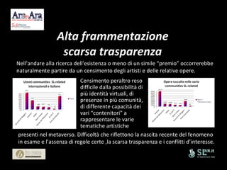 Alta frammentazione scarsa trasparenza Nell’andare alla ricerca dell’esistenza o meno di un simile “premio” occorrerebbe naturalmente partire da un censimento degli artisti e delle relative opere. Censimento peraltro reso difficile dalla possibilità di più identità virtuali, di presenze in più comunità, di differente capacità dei vari “contenitori” a rappresentare le varie tematiche artistiche presenti nel metaverso. Difficoltà che riflettono la nascita recente del fenomeno in esame e l’assenza di regole certe ,la scarsa trasparenza e i conflitti d’interesse. 