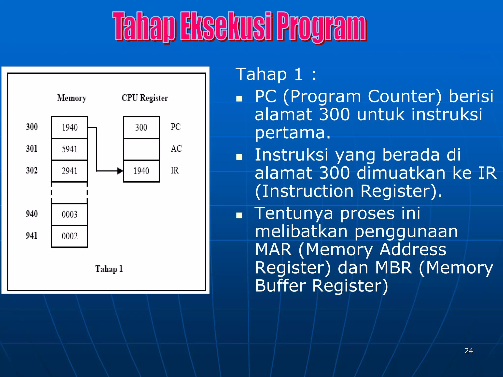 Tahap 1 :
  PC (Program Counter) berisi
  alamat 300 untuk instruksi
  pertama.
  Instruksi yang berada di
  alamat 300 dimuatkan ke IR
  (Instruction Register).
  Tentunya proses ini
  melibatkan penggunaan
  MAR (Memory Address
  Register) dan MBR (Memory
  Buffer Register)


                         24
 