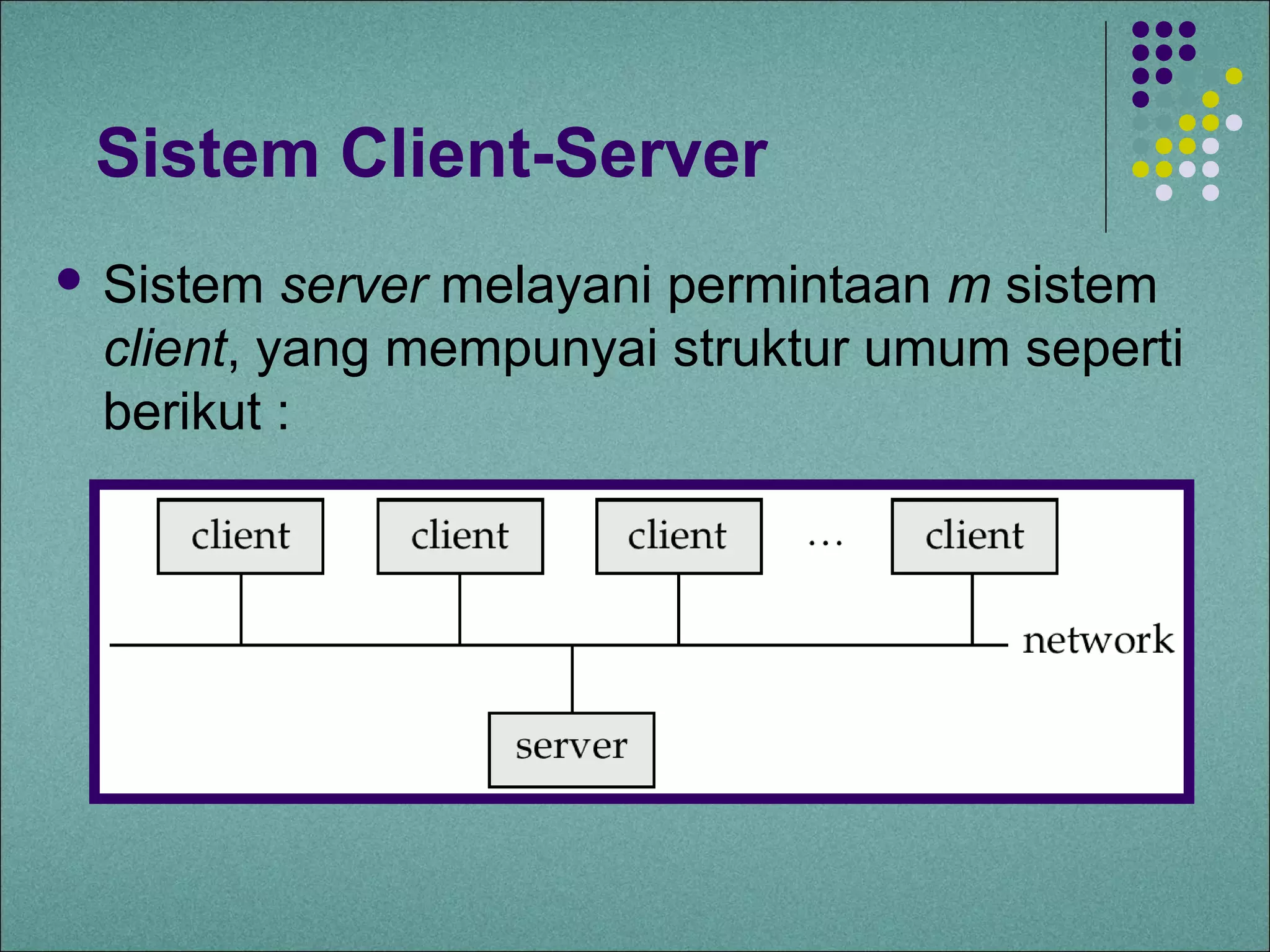 Sistem Client-Server
 Sistem  server melayani permintaan m sistem
 client, yang mempunyai struktur umum seperti
 berikut :
 