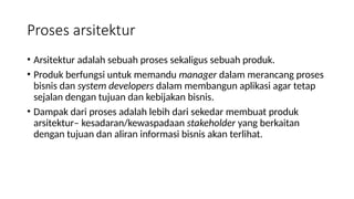 • Arsitektur adalah sebuah proses sekaligus sebuah produk.
• Produk berfungsi untuk memandu manager dalam merancang proses
bisnis dan system developers dalam membangun aplikasi agar tetap
sejalan dengan tujuan dan kebijakan bisnis.
• Dampak dari proses adalah lebih dari sekedar membuat produk
arsitektur– kesadaran/kewaspadaan stakeholder yang berkaitan
dengan tujuan dan aliran informasi bisnis akan terlihat.
Proses arsitektur
 
