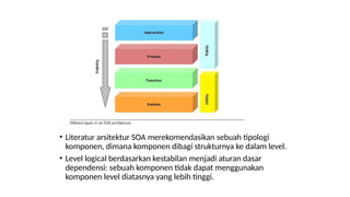 • Literatur arsitektur SOA merekomendasikan sebuah tipologi
komponen, dimana komponen dibagi strukturnya ke dalam level.
• Level logical berdasarkan kestabilan menjadi aturan dasar
dependensi: sebuah komponen tidak dapat menggunakan
komponen level diatasnya yang lebih tinggi.
 