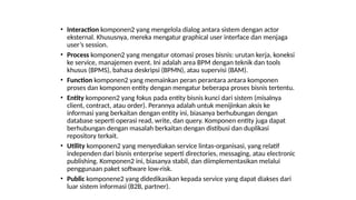• Interaction komponen2 yang mengelola dialog antara sistem dengan actor
eksternal. Khususnya, mereka mengatur graphical user interface dan menjaga
user’s session.
• Process komponen2 yang mengatur otomasi proses bisnis: urutan kerja, koneksi
ke service, manajemen event. Ini adalah area BPM dengan teknik dan tools
khusus (BPMS), bahasa deskripsi (BPMN), atau supervisi (BAM).
• Function komponen2 yang memainkan peran perantara antara komponen
proses dan komponen entity dengan mengatur beberapa proses bisnis tertentu.
• Entity komponen2 yang fokus pada entity bisnis kunci dari sistem (misalnya
client, contract, atau order). Perannya adalah untuk menijinkan aksis ke
informasi yang berkaitan dengan entity ini, biasanya berhubungan dengan
database seperti operasi read, write, dan query. Komponen entity juga dapat
berhubungan dengan masalah berkaitan dengan distibusi dan duplikasi
repository terkait.
• Utility komponen2 yang menyediakan service lintas-organisasi, yang relatif
independen dari bisnis enterprise seperti directories, messaging, atau electronic
publishing. Komponen2 ini, biasanya stabil, dan diimplementasikan melalui
penggunaan paket software low-risk.
• Public komponene2 yang didedikasikan kepada service yang dapat diakses dari
luar sistem informasi (B2B, partner).
 
