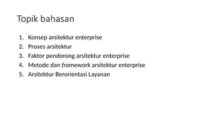 1. Konsep arsitektur enterprise
2. Proses arsitektur
3. Faktor pendorong arsitektur enterprise
4. Metode dan framework arsitektur enterprise
5. Arsitektur Berorientasi Layanan
Topik bahasan
 