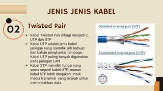 JENIS JENIS KABEL
Twisted Pair
02  Kabel Twisted Pair dibagi menjadi 2,
UTP dan STP
 Kabel UTP adalah jenis kabel
jaringan yang memiliki inti terbuat
dari bahan penghantar tembaga.
Kabel UTP paling banyak digunakan
pada jaringan LAN
 Kabel STP memiliki fungsi yang
sama seperti kabel UTP, namun
kabel STP lebih ditujukan untuk
media transmisi yang terarah untuk
memindahkan data.
 