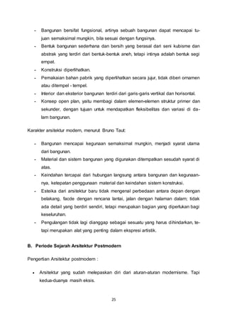 - Bangunan bersifat fungsional, artinya sebuah bangunan dapat mencapai tu-juan 
semaksimal mungkin, bila sesuai dengan fungsinya. 
- Bentuk bangunan sederhana dan bersih yang berasal dari seni kubisme dan 
abstrak yang terdiri dari bentuk-bentuk aneh, tetapi intinya adalah bentuk segi 
empat. 
- Konstruksi diperlihatkan. 
- Pemakaian bahan pabrik yang diperlihatkan secara jujur, tidak diberi ornamen 
25 
atau ditempel - tempel. 
- Interior dan eksterior bangunan terdiri dari garis-garis vertikal dan horisontal. 
- Konsep open plan, yaitu membagi dalam elemen-elemen struktur primer dan 
sekunder, dengan tujuan untuk mendapatkan fleksibelitas dan variasi di da-lam 
bangunan. 
Karakter arsitektur modern, menurut Bruno Taut: 
- Bangunan mencapai kegunaan semaksimal mungkin, menjadi syarat utama 
dari bangunan. 
- Material dan sistem bangunan yang digunakan ditempatkan sesudah syarat di 
atas. 
- Keindahan tercapai dari hubungan langsung antara bangunan dan kegunaan-nya, 
ketepatan penggunaan material dan keindahan sistem konstruksi. 
- Esteika dari arsitektur baru tidak mengenal perbedaan antara depan dengan 
belakang, facde dengan rencana lantai, jalan dengan halaman dalam; tidak 
ada detail yang berdiri sendiri, tetapi merupakan bagian yang diperlukan bagi 
keseluruhan. 
- Pengulangan tidak lagi dianggap sebagai sesuatu yang harus dihindarkan, te-tapi 
merupakan alat yang penting dalam ekspresi artistik. 
B. Periode Sejarah Arsitektur Postmodern 
Pengertian Arsitektur postmodern : 
 Arsitektur yang sudah melepaskan diri dari aturan-aturan modernisme. Tapi 
kedua-duanya masih eksis. 
 