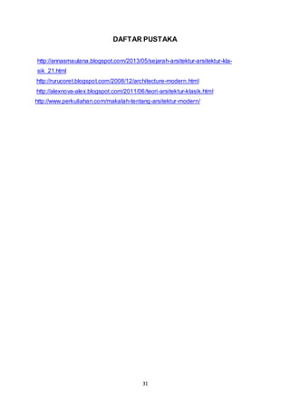 DAFTAR PUSTAKA 
http://annasmaulana.blogspot.com/2013/05/sejarah-arsitektur-arsitektur-kla-sik_ 
31 
21.html 
http://rurucoret.blogspot.com/2008/12/architecture-modern.html 
http://alexnova-alex.blogspot.com/2011/06/teori-arsitektur-klasik.html 
http://www.perkuliahan.com/makalah-tentang-arsitektur-modern/ 
