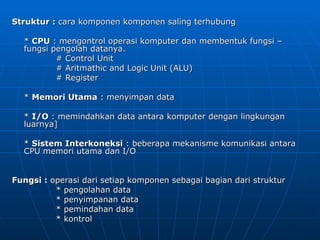 Struktur :
Struktur : cara komponen komponen saling terhubung
cara komponen komponen saling terhubung
*
* CPU
CPU : mengontrol operasi komputer dan membentuk fungsi –
: mengontrol operasi komputer dan membentuk fungsi –
fungsi pengolah datanya.
fungsi pengolah datanya.
# Control Unit
# Control Unit
# Aritmathic and Logic Unit (ALU)
# Aritmathic and Logic Unit (ALU)
# Register
# Register
*
* Memori Utama
Memori Utama : menyimpan data
: menyimpan data
*
* I/O
I/O : memindahkan data antara komputer dengan lingkungan
: memindahkan data antara komputer dengan lingkungan
luarnya]
luarnya]
*
* Sistem Interkoneksi
Sistem Interkoneksi : beberapa mekanisme komunikasi antara
: beberapa mekanisme komunikasi antara
CPU memori utama dan I/O
CPU memori utama dan I/O
Fungsi :
Fungsi : operasi dari setiap komponen sebagai bagian dari struktur
operasi dari setiap komponen sebagai bagian dari struktur
* pengolahan data
* pengolahan data
* penyimpanan data
* penyimpanan data
* pemindahan data
* pemindahan data
* kontrol
* kontrol
 
