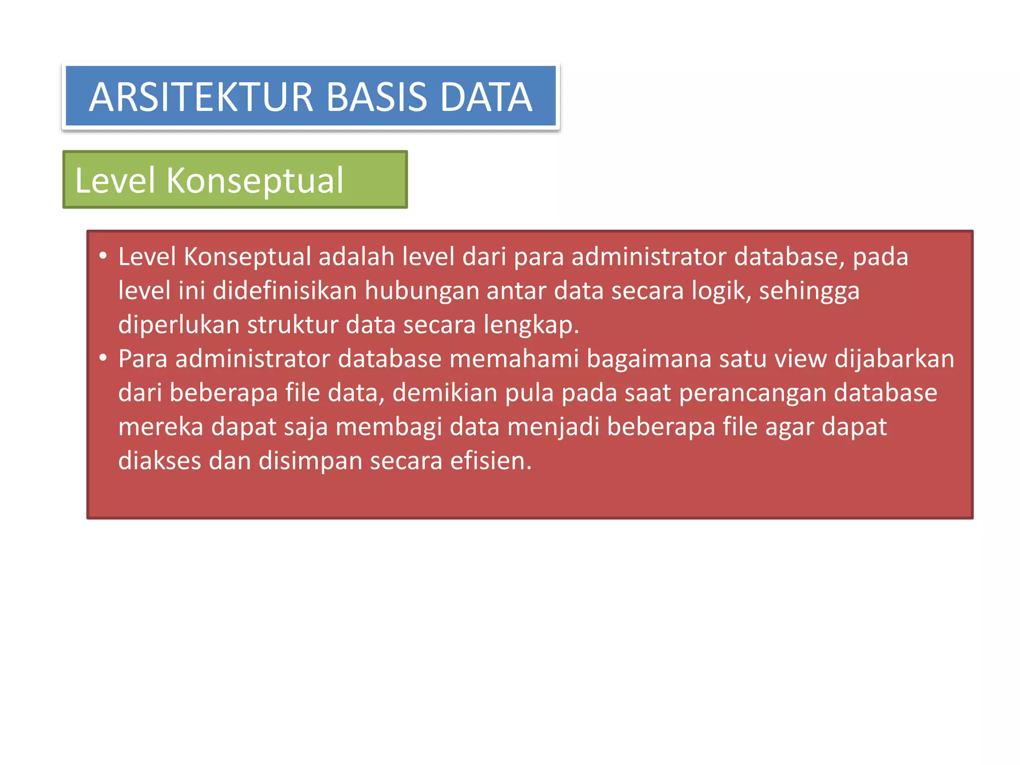 ARSITEKTUR BASIS DATA 
Level Konseptual 
• Level Konseptual adalah level dari para administrator database, pada 
level ini didefinisikan hubungan antar data secara logik, sehingga 
diperlukan struktur data secara lengkap. 
• Para administrator database memahami bagaimana satu view dijabarkan 
dari beberapa file data, demikian pula pada saat perancangan database 
mereka dapat saja membagi data menjadi beberapa file agar dapat 
diakses dan disimpan secara efisien. 
 