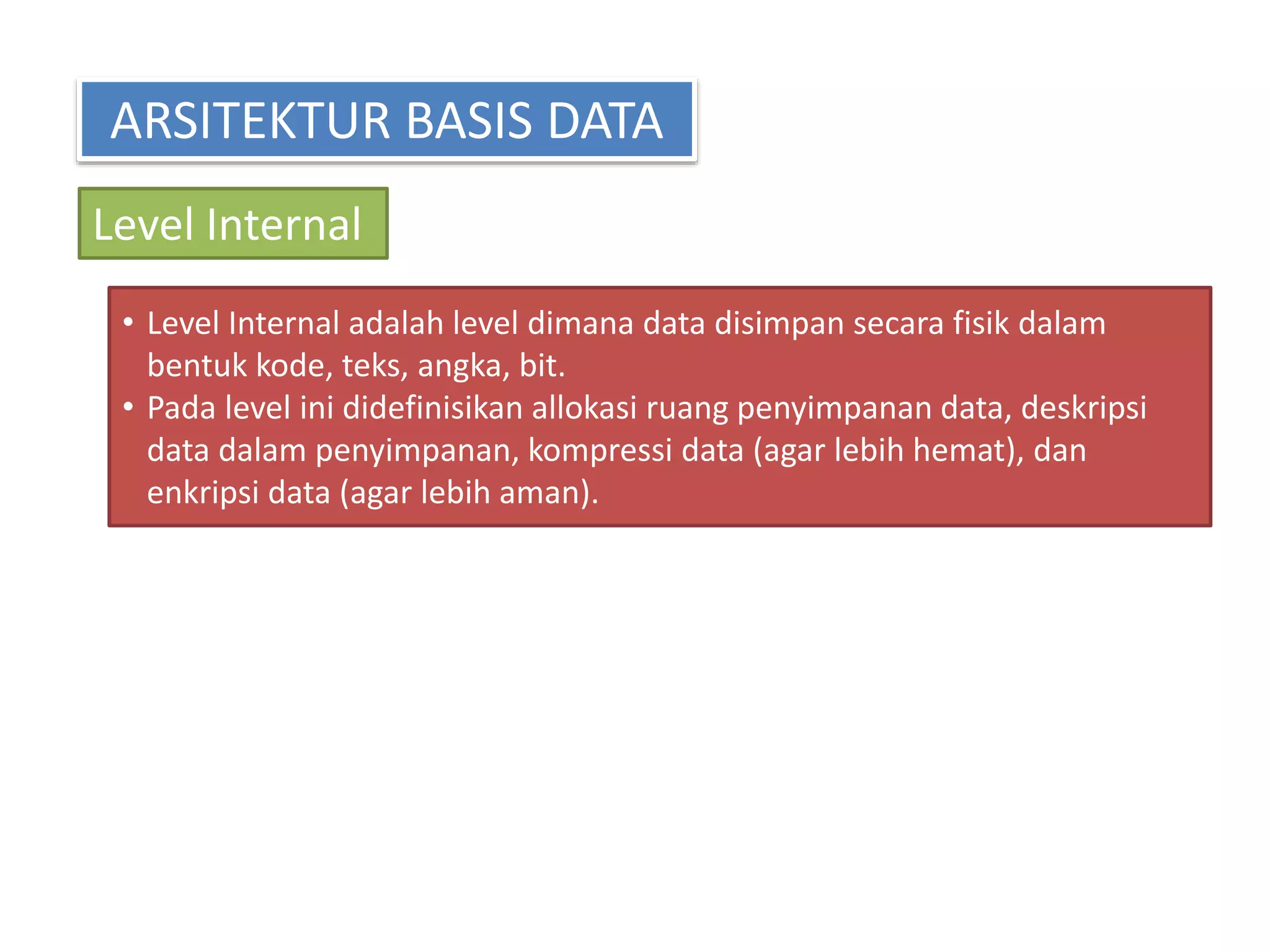 ARSITEKTUR BASIS DATA 
Level Internal 
• Level Internal adalah level dimana data disimpan secara fisik dalam 
bentuk kode, teks, angka, bit. 
• Pada level ini didefinisikan allokasi ruang penyimpanan data, deskripsi 
data dalam penyimpanan, kompressi data (agar lebih hemat), dan 
enkripsi data (agar lebih aman). 
 