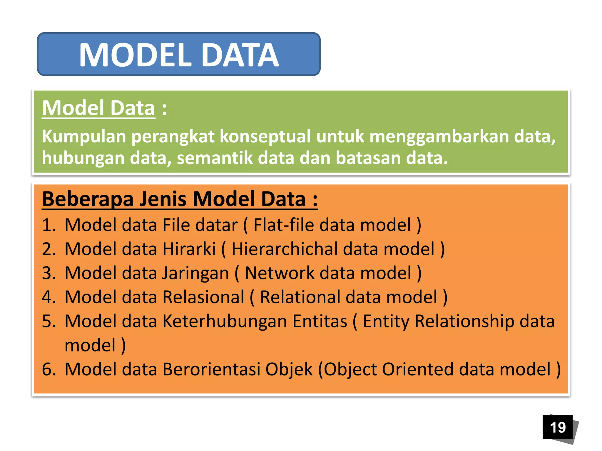 MODEL DATA 
Model Data : 
Kumpulan perangkat konseptual untuk menggambarkan data, 
hubungan data, semantik data dan batasan data. 
Beberapa Jenis Model Data : 
1. Model data File datar ( Flat-file data model ) 
2. Model data Hirarki ( Hierarchichal data model ) 
3. Model data Jaringan ( Network data model ) 
4. Model data Relasional ( Relational data model ) 
5. Model data Keterhubungan Entitas ( Entity Relationship data 
19 
model ) 
6. Model data Berorientasi Objek (Object Oriented data model ) 
 