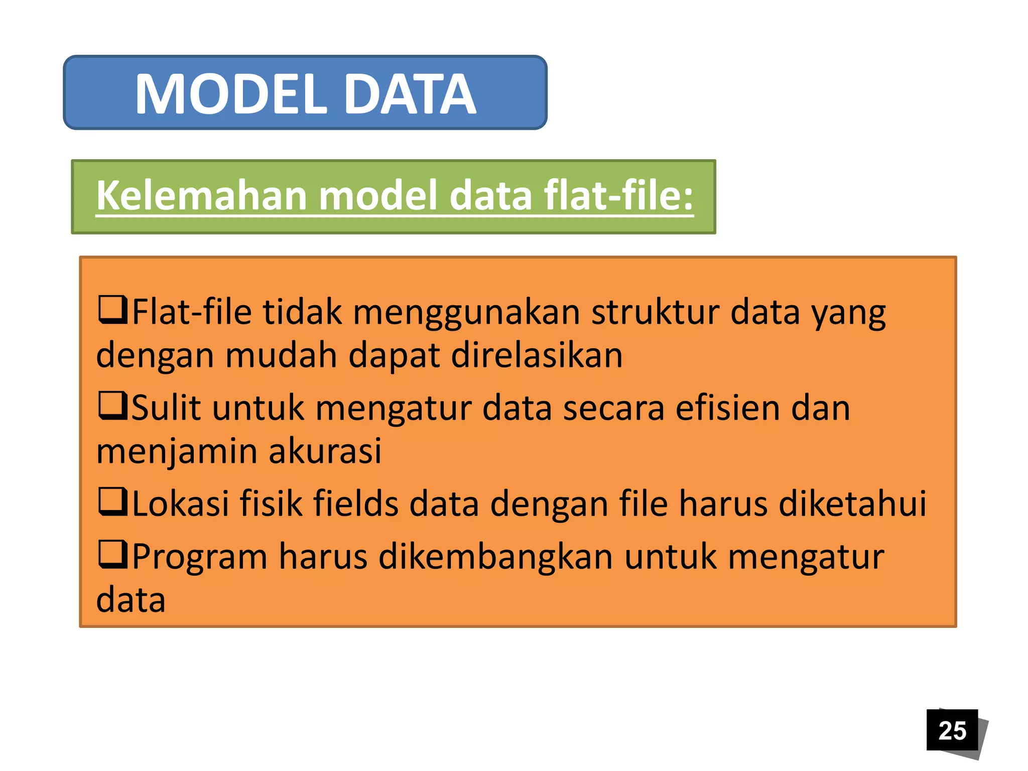 25 
MODEL DATA 
Kelemahan model data flat-file: 
Flat-file tidak menggunakan struktur data yang 
dengan mudah dapat direlasikan 
Sulit untuk mengatur data secara efisien dan 
menjamin akurasi 
Lokasi fisik fields data dengan file harus diketahui 
Program harus dikembangkan untuk mengatur 
data 
 