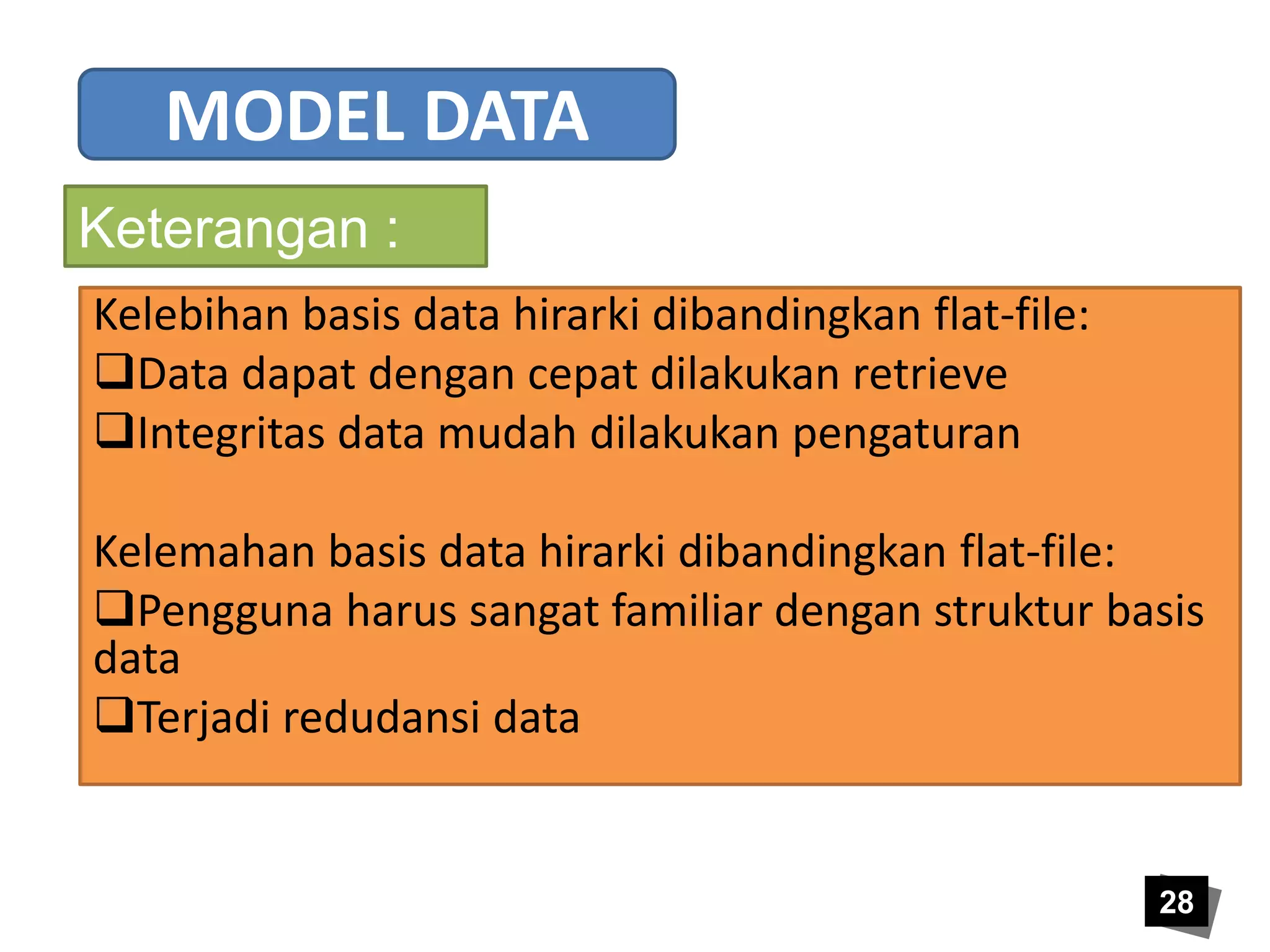28 
MODEL DATA 
Keterangan : 
Kelebihan basis data hirarki dibandingkan flat-file: 
Data dapat dengan cepat dilakukan retrieve 
Integritas data mudah dilakukan pengaturan 
Kelemahan basis data hirarki dibandingkan flat-file: 
Pengguna harus sangat familiar dengan struktur basis 
data 
Terjadi redudansi data 
 