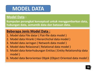 MODEL DATA 
Model Data : 
Kumpulan perangkat konseptual untuk menggambarkan data, 
hubungan data, semantik data dan batasan data. 
Beberapa Jenis Model Data : 
1. Model data File datar ( Flat-file data model ) 
2. Model data Hirarki ( Hierarchichal data model ) 
3. Model data Jaringan ( Network data model ) 
4. Model data Relasional ( Relational data model ) 
5. Model data Keterhubungan Entitas ( Entity Relationship data 
19 
model ) 
6. Model data Berorientasi Objek (Object Oriented data model ) 
 