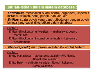 Istilah-istilah dalam sistem database : 
• Enterprise, merupakan suatu bentuk organisasi, seperti : 
instansi, sekolah, bank, pabrik, dan lain-lain. 
• Entitas, suatu obyek yang dapat dibedakan dengan obyek 
lainnya yang dapat diwujudkan dalam database. 
Contoh : 
Entitas dilingkungan universitas → mahasiswa, dosen, 
matakuliah 
Entitas dilingkungan instansi pemerintah → karyawan, 
departement 
• Atribute/Field, merupakan karakteristik entitas tertentu. 
Contoh : 
Entity Mahasiswa → atributenya adalah NPM, Nama, 
Alamat dan lain-lain. 
Entity Bank → atributenya adalah Nomor_Rekening, 
Nama_Nasabah. 
 