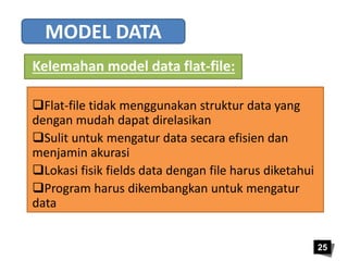 25 
MODEL DATA 
Kelemahan model data flat-file: 
Flat-file tidak menggunakan struktur data yang 
dengan mudah dapat direlasikan 
Sulit untuk mengatur data secara efisien dan 
menjamin akurasi 
Lokasi fisik fields data dengan file harus diketahui 
Program harus dikembangkan untuk mengatur 
data 
 