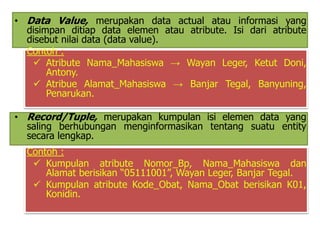 • Data Value, merupakan data actual atau informasi yang 
disimpan ditiap data elemen atau atribute. Isi dari atribute 
disebut nilai data (data value). 
Contoh : 
 Atribute Nama_Mahasiswa → Wayan Leger, Ketut Doni, 
Antony. 
 Atribue Alamat_Mahasiswa → Banjar Tegal, Banyuning, 
Penarukan. 
• Record/Tuple, merupakan kumpulan isi elemen data yang 
saling berhubungan menginformasikan tentang suatu entity 
secara lengkap. 
Contoh : 
 Kumpulan atribute Nomor_Bp, Nama_Mahasiswa dan 
Alamat berisikan “05111001”, Wayan Leger, Banjar Tegal. 
 Kumpulan atribute Kode_Obat, Nama_Obat berisikan K01, 
Konidin. 
 