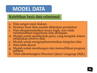 36 
MODEL DATA 
Kelebihan basis data relasional: 
a. Data sangat cepat diakses 
b. Struktur basis data mudah dilakukan perubahan 
c. Data direpresentasikan secara logik, user tidak 
membutuhkan bagaimana data disimpan. 
d. Mudah untuk membentuk query yang komplek dalam 
melakukan retrieve data 
e. Mudah untuk mengimplementasikan integritas data 
f. Data lebih akurat 
g. Mudah untuk membangun dan memodifikasi program 
aplikasi 
h. Telah dikembangkan Structure Query Language (SQL). 
 