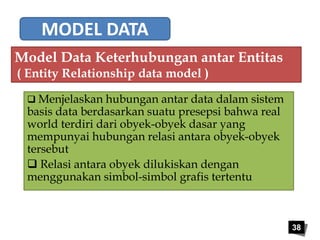 38 
MODEL DATA 
Model Data Keterhubungan antar Entitas 
( Entity Relationship data model ) 
 Menjelaskan hubungan antar data dalam sistem 
basis data berdasarkan suatu presepsi bahwa real 
world terdiri dari obyek-obyek dasar yang 
mempunyai hubungan relasi antara obyek-obyek 
tersebut 
 Relasi antara obyek dilukiskan dengan 
menggunakan simbol-simbol grafis tertentu 
 