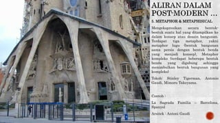 5. METAPHOR & METAPHISICAL
Mengekspresikan secara bentuk-
bentuk suatu hal yang ditampilkan ke
dalam konsep atau desain bangunan.
Terdapat tiga metaphor, yakni
metaphor lugu (bentuk bangunan
sama persis dengan bentuk benda
yang menjadi konsep), Metaphor
kompleks (terdapat beberapa bentuk
benda yang digabung sehingga
menimbulkan bentuk bangunan yang
kompleks)
Tokoh: Stinley Tigerman, Antonio
Gaudi, Mimoru Takeyama.
Contoh :
La Sagrada Familia – Barcelona,
Spanyol
Arsitek : Antoni Gaudi
 