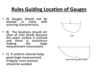 Rules Guiding Location of Gauges
• A) Gauges should not be
located in rivers with
scouring characteristics.
• B) The locations should stir
clear of river bends because
the water surface is inclined
and there is turbulence
making the stage
measurement inconsistent.
• C) A uniform channel helps
good stage measurement.
Irregular cross sections
should be avoided.
 