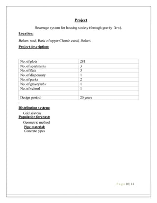 Project
Sewerage system for housing society (through gravity flow).
Location:
Jhelum road, Bank of upper Chenab canal, Jhelum.
Projectdescription:
No. of plots 281
No. of apartments 3
No. of flats 3
No. of dispensary 1
No. of parks 2
No. of graveyards 1
No. of school 1
Design period 20 years
.
Distribution system:
Grid system
Population forecast:
Geometric method
Pipe material:
Concrete pipes
P a g e 10 | 14
 