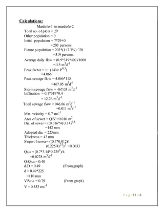 Calculations:
Manhole-1 to manhole-2
Total no. of plots = 29
Other population = 0
Initial population = 7*29+0
=203 persons
Future population = 203*(1+2.3%) ^20
=319 persons
Average daily flow = (0.9*319*400)/1000
=115 m3
d-1
Peak factor = 1+ (14/4+P0.5
)
=4.066
Peak sewage flow = 4.066*115
=467.05 m3
d-1
Storm sewage flow = 467.05 m3
d-1
Infiltration = 0.1*319*0.4
= 12.76 m3
d-1
Total sewage flow = 946.86 m3
d-1
=0.011 m3
s-1
Min. velocity = 0.7 ms-1
Area of sewer = Q/V =0.016 m2
Dia. of sewer = ((0.016*4)/3.14)0.5
=142 mm
Adopted dia. = 225mm
Thickness = 42 mm
Slope of sewer= ((0.7*0.012)/
(0.225/4)2/3
)2
=0.0033
QFull = (0.7*3.14*0.2252
)/4
=0.0278 m3
d-1
Q/QFull = 0.40
d/D = 0.49 (From graph)
d = 0.49*225
=110 mm
V/VFull = 0.79 (From graph)
V = 0.553 ms-1
P a g e 13 | 14
 