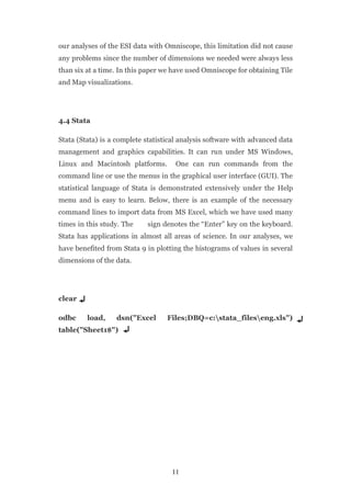 our analyses of the ESI data with Omniscope, this limitation did not cause
any problems since the number of dimensions we needed were always less
than six at a time. In this paper we have used Omniscope for obtaining Tile
and Map visualizations.




4.4 Stata

Stata (Stata) is a complete statistical analysis software with advanced data
management and graphics capabilities. It can run under MS Windows,
Linux and Macintosh platforms.        One can run commands from the
command line or use the menus in the graphical user interface (GUI). The
statistical language of Stata is demonstrated extensively under the Help
menu and is easy to learn. Below, there is an example of the necessary
command lines to import data from MS Excel, which we have used many
times in this study. The    sign denotes the “Enter” key on the keyboard.
Stata has applications in almost all areas of science. In our analyses, we
have benefited from Stata 9 in plotting the histograms of values in several
dimensions of the data.




clear

odbc     load,    dsn("Excel       Files;DBQ=c:stata_fileseng.xls")
table("Sheet1$")




                                    11
 