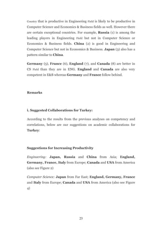 Country that is productive in Engineering Field is likely to be productive in

Computer Science and Economics & Business fields as well. However there
are certain exceptional countries. For example, Russia (1) is among the
leading players in Engineering Field but not in Computer Science or
Economics & Business fields. China (2) is good in Engineering and
Computer Science but not in Economics & Business. Japan (3) also has a
pattern similar to China.

Germany (5), France (6), England (7), and Canada (8) are better in
CS Field than they are in ENG. England and Canada are also very
competent in E&B whereas Germany and France follow behind.




Remarks




i. Suggested Collaborations for Turkey:

According to the results from the previous analyses on competency and
correlations, below are our suggestions on academic collaborations for
Turkey:




Suggestions for Increasing Productivity

Engineering: Japan, Russia and China from Asia; England,
Germany, France, Italy from Europe; Canada and USA from America
(also see Figure 2)

Computer Science: Japan from Far East; England, Germany, France
and Italy from Europe; Canada and USA from America (also see Figure
4)




                                     23
 
