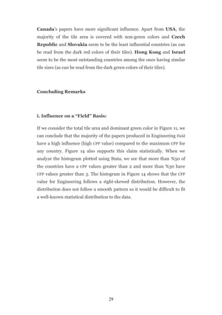 Canada’s papers have more significant influence. Apart from USA, the
majority of the tile area is covered with non-green colors and Czech
Republic and Slovakia seem to be the least influential countries (as can
be read from the dark red colors of their tiles). Hong Kong and Israel
seem to be the most outstanding countries among the ones having similar
tile sizes (as can be read from the dark green colors of their tiles).




Concluding Remarks




i. Influence on a “Field” Basis:

If we consider the total tile area and dominant green color in Figure 11, we
can conclude that the majority of the papers produced in Engineering Field
have a high influence (high CPP value) compared to the maximum CPP for
any country. Figure 14 also supports this claim statistically. When we
analyze the histogram plotted using Stata, we see that more than %50 of
the countries have a CPP values greater than 2 and more than %30 have
CPP values greater than 3. The histogram in Figure 14 shows that the CPP

value for Engineering follows a right-skewed distribution. However, the
distribution does not follow a smooth pattern so it would be difficult to fit
a well-known statistical distribution to the data.




                                       29
 